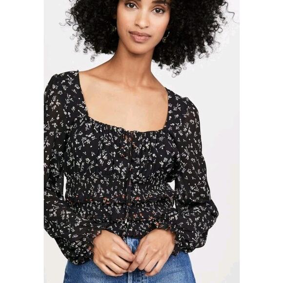 Free People Lolita Womens Long Sleeve Shirt Large Peasant Ruffle Black Floral - Picture 2 of 8